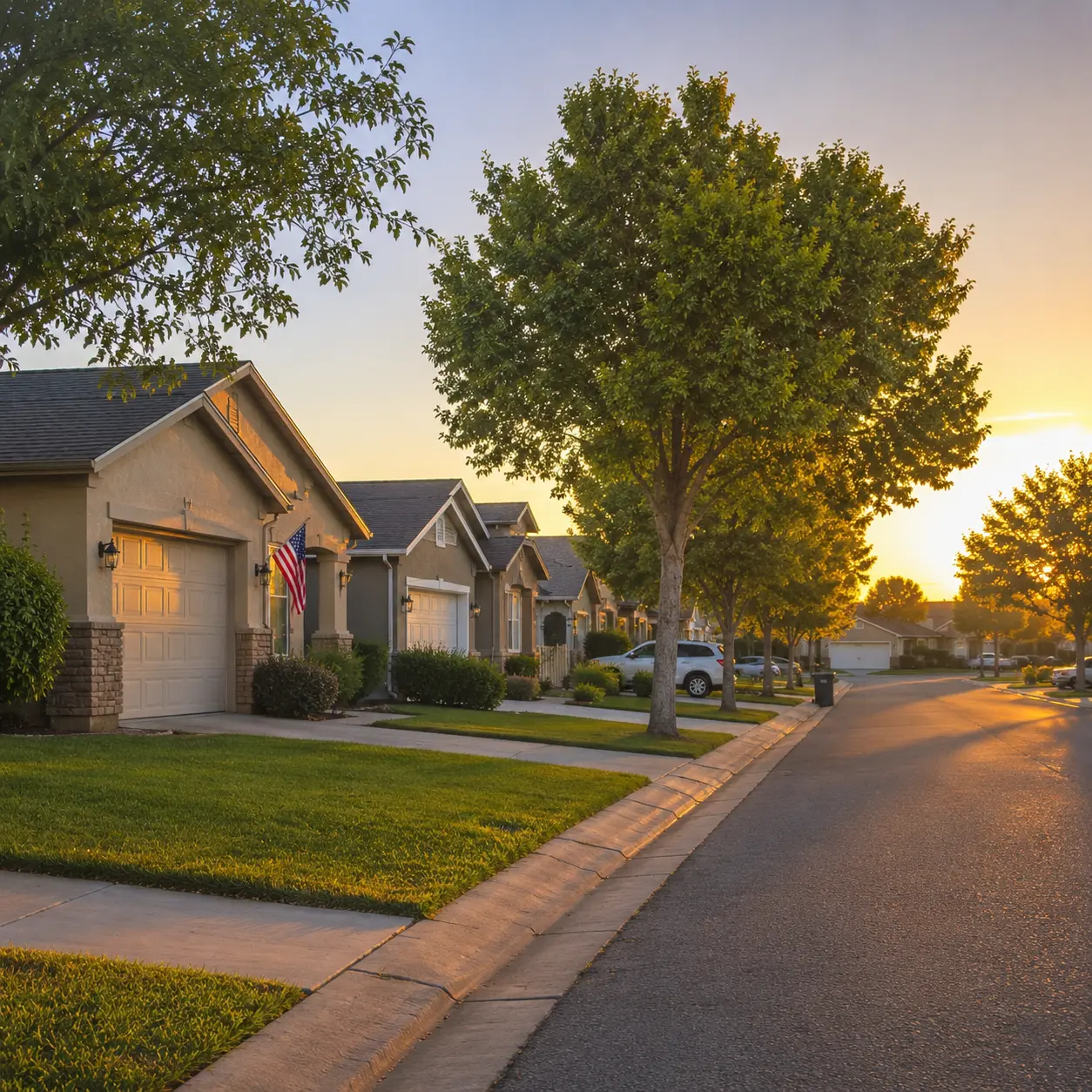 Residential neighborhood street with family homes, sidewalks, and mature trees at sunset.