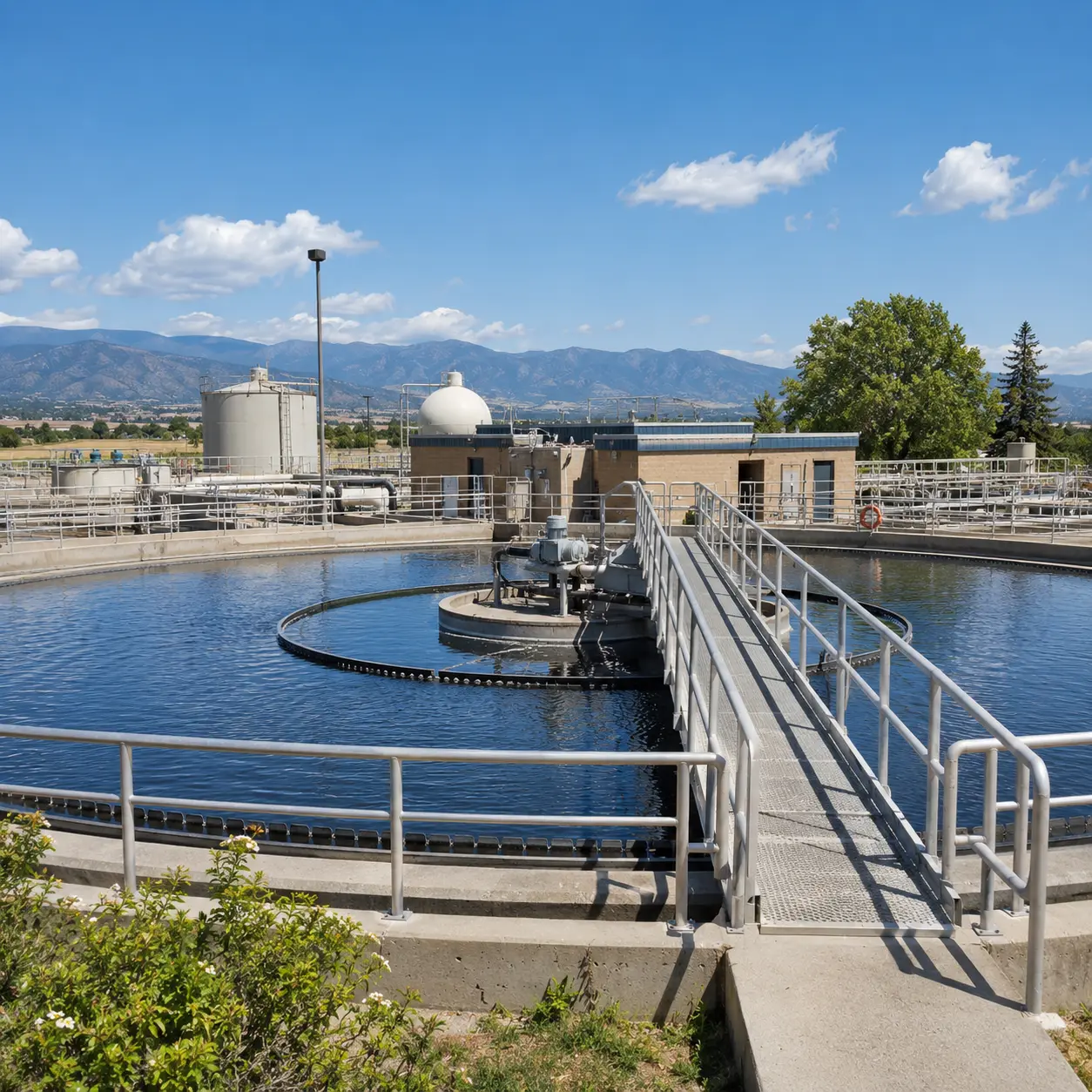 Municipal water treatment facility with water basins, filtration equipment, and the Sierra Nevada foothills in the background.